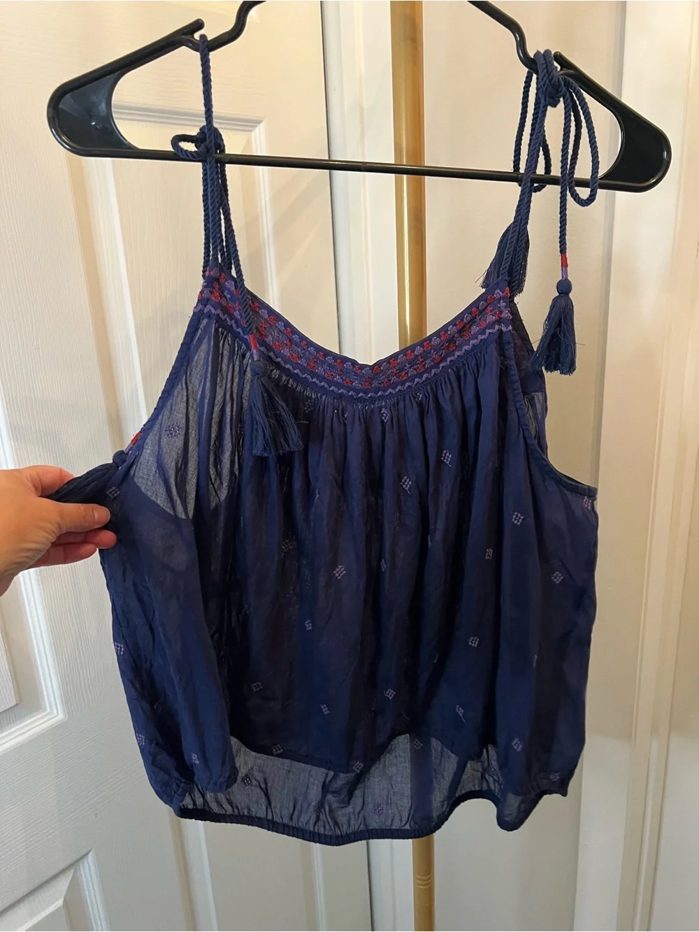 Free People Navy Embroidered Tie-Shoulder Tank